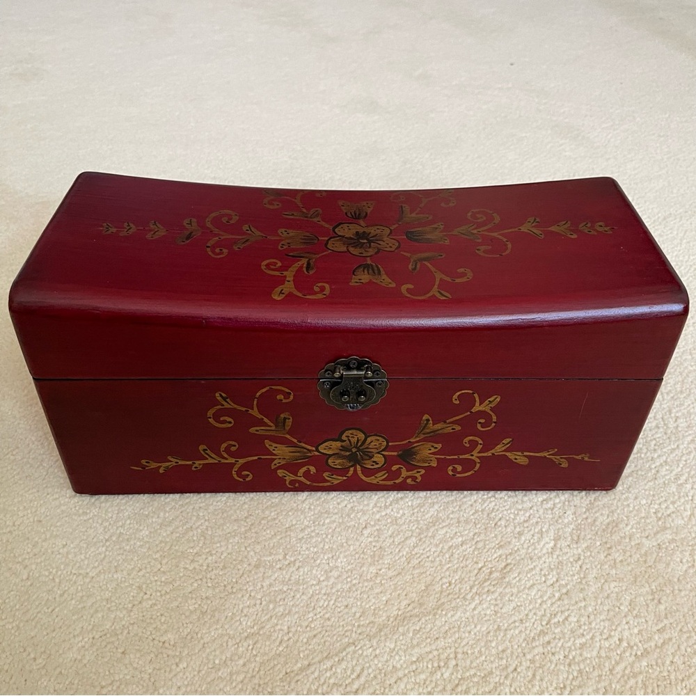 Decorative Red Wooden Trinket Jewelry Box Hand Painted Gold Floral Design